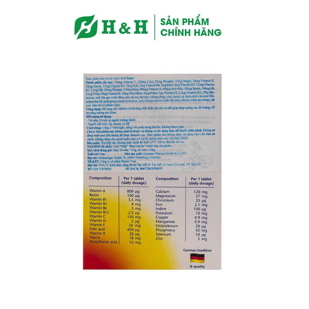 Viên uống tổng hợp Vitamin, Acid amin và Khoáng chất thiết yếu - Doppelherz Aktiv A-Z DEPOT (30 viên)