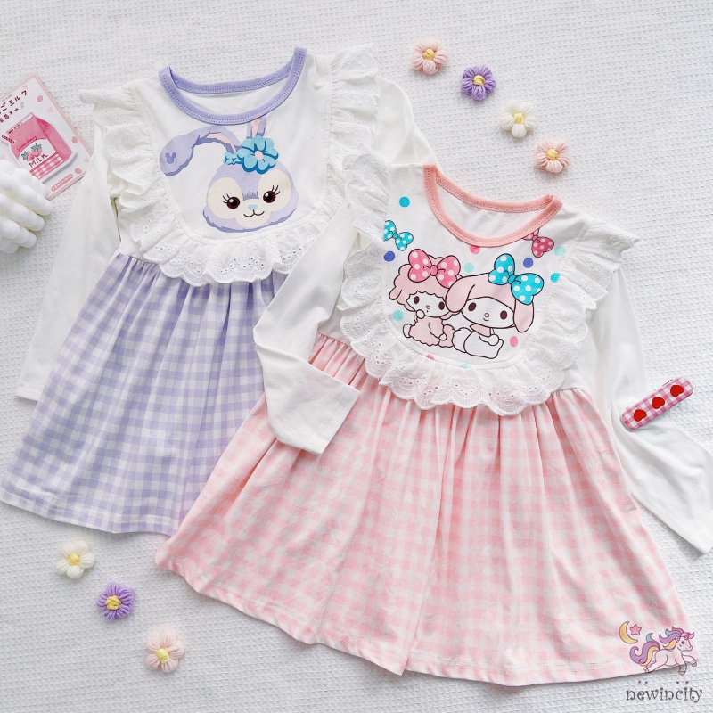 Đầm dài tay phối ren in hoạt hình thời trang Hàn Quốc cho bé gái