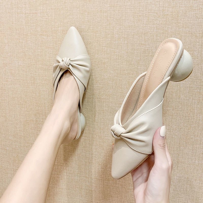 Dép nữ, sục da kết nơ đế cao độc đáo hai màu Đen Be cao cấp