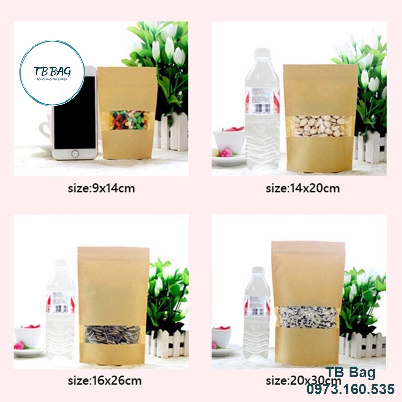 1kg túi zipper giấy kraft vàng bóng có cửa sổ tràn, túi zip đựng thực phẩm - TBShop