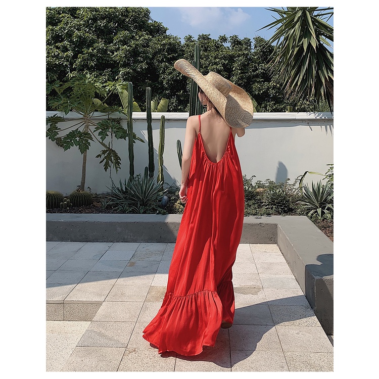 Đầm babydoll maxi hai dây form rộng, váy đi biển hở lưng màu đỏ HDC52 Hỉn Hỉn Store