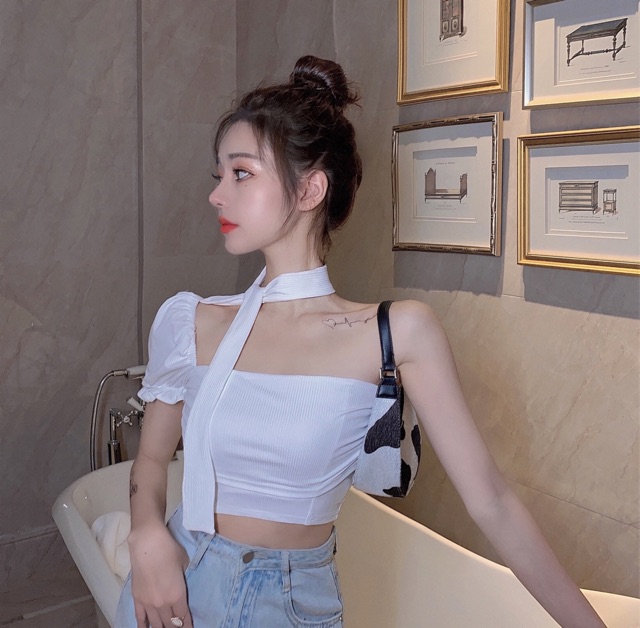 ÁO CROPTOP ÔM  🎀[Có Ảnh Thật]🎀 HỞ VAI 1 BÊN TAY BỒNG QUYẾN RŨ