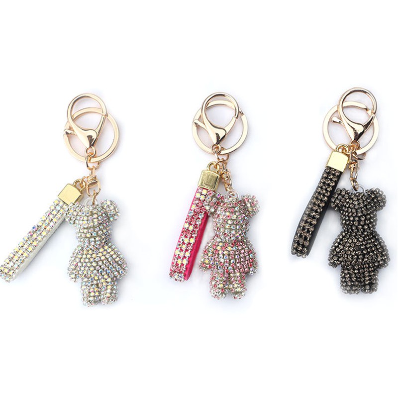 Diamond Bear Leather Strap Car Key Chain Bag Handbag Pendant,Pink
