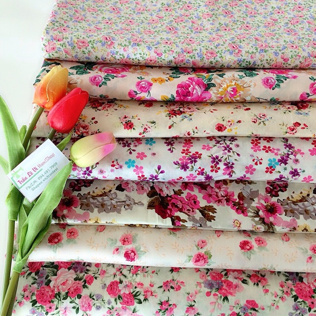 V201🌈 VẢI TWILL HOẠ TIẾT HOA TONE HỒNG MAY ĐỒ CHO DOLL, OBITSU, DIY, HANDMADE, QUILTING, SCRUNCHIES, DECOR