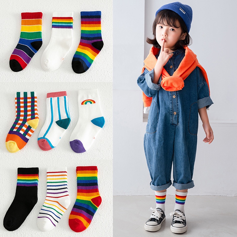 Tất Hàn Quốc dành cho trẻ em Vớ bông cầu vồng kẻ sọc cho bé