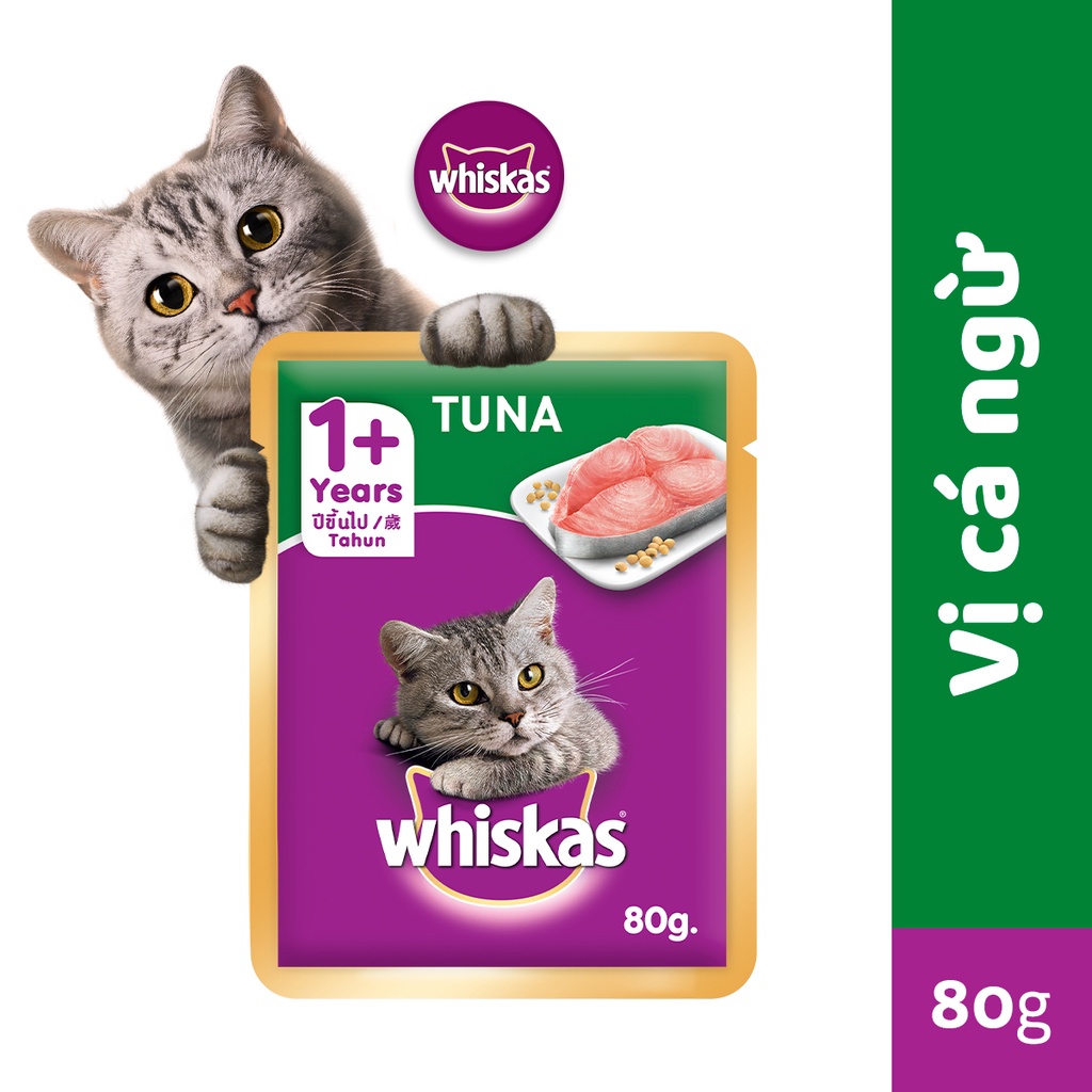 WHISKAS® Thức ăn cho mèo lớn dạng sốt (pate mèo) vị cá ngừ 80g (12 gói)