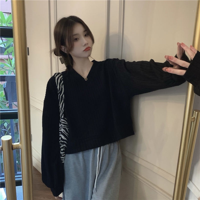 Áo Dệt Kim Tay Dài Dáng Rộng Cổ Chữ V Thời Trang Hàn Quốc Cho Nữ