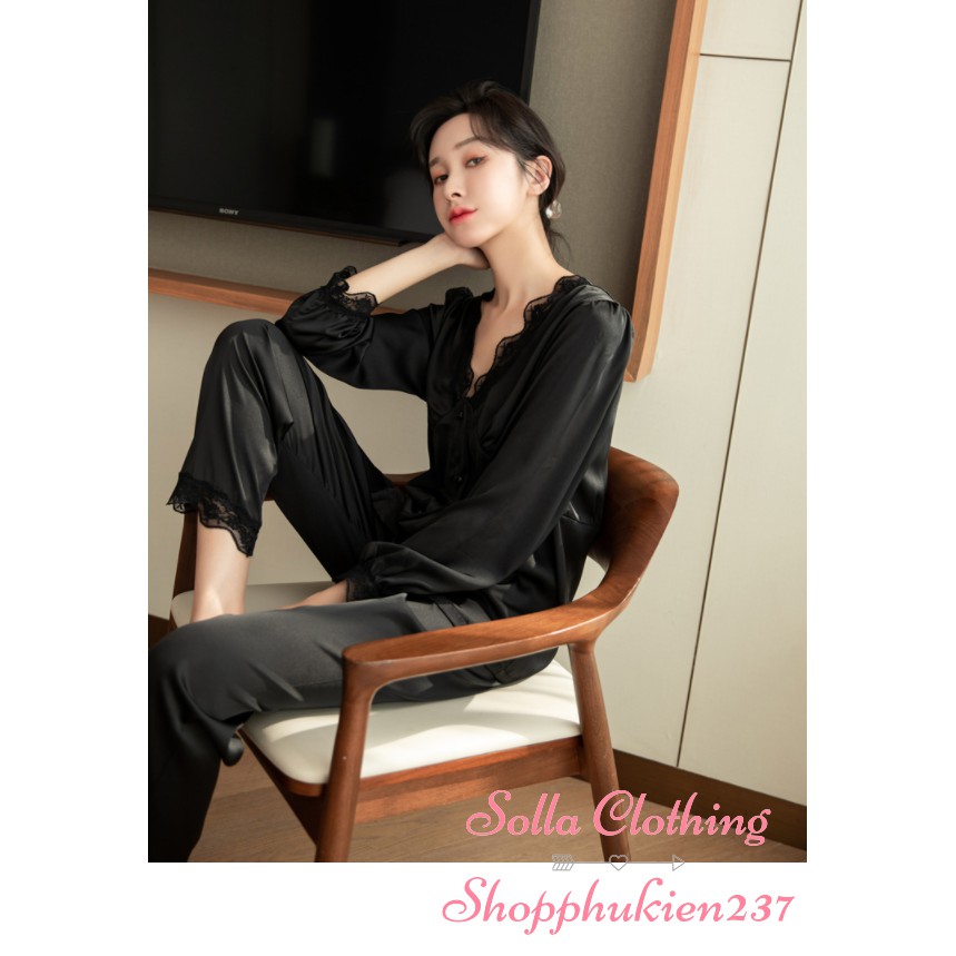 Hàng Cao Cấp Đồ Bộ Ngủ Pijama Lụa Mềm Mịn Cổ Tim Phối Viền Ren Tay Dài Quần Dài - Mã ADQD01