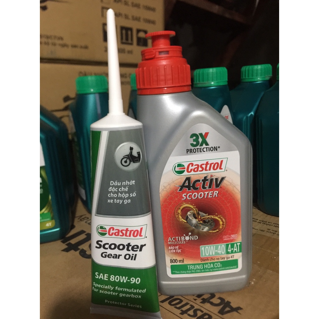 COMBO Nhớt Tay Ga CASTROL ACTIV SCOOTER 10W40 0.8 L+ Nhớt Lap Castrol 120Ml