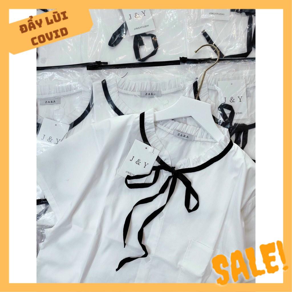 [ƯU TIÊN SỈ] ÁO SƠ MI NỮ CỘC TAY VẢI THÔ CỔ BÈO CÓ DAY NƠ BUỘC | BigBuy360 - bigbuy360.vn