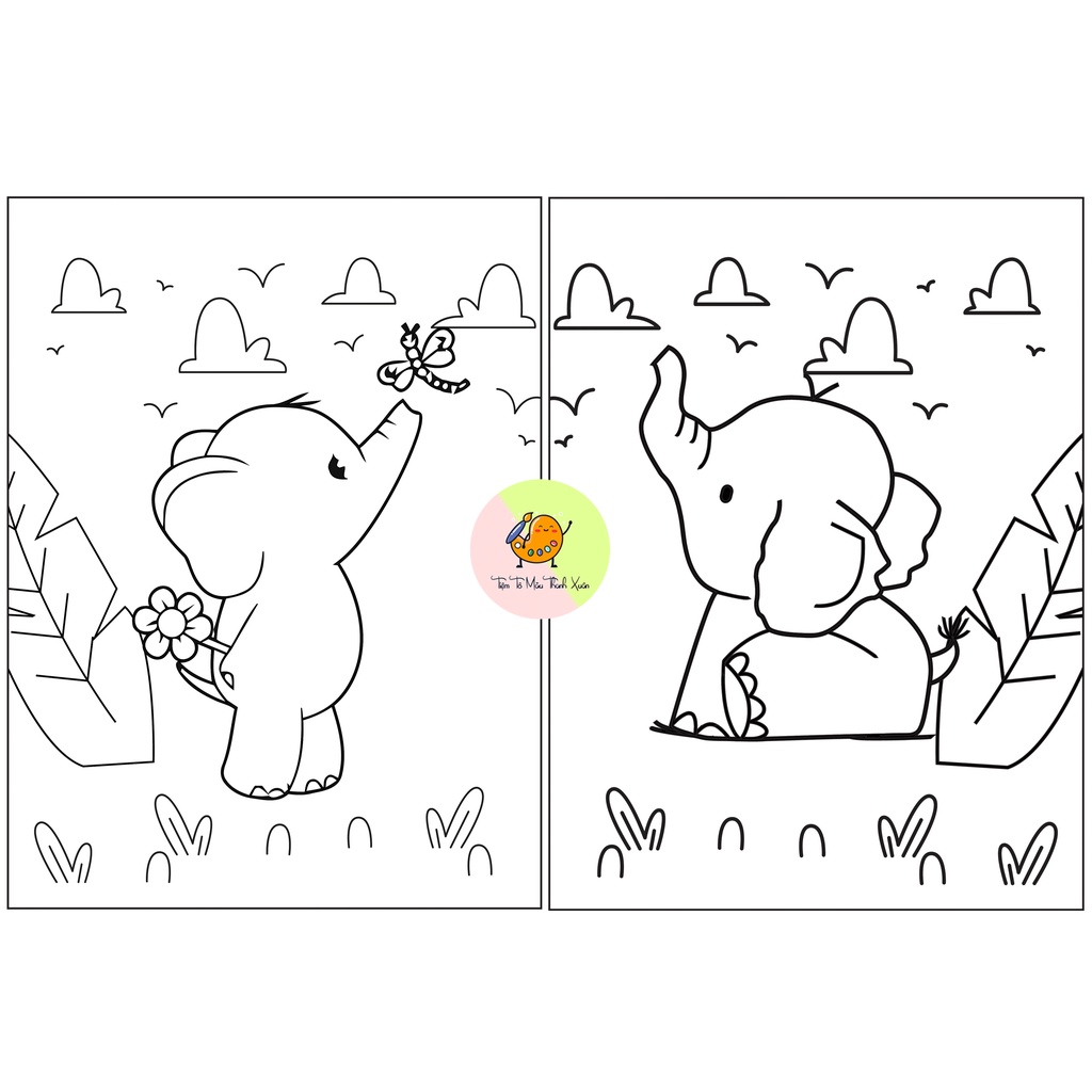 Set 15 Tờ Tranh Tô Màu Hình Voi Cute Cho Bé Tô Màu Sáp, Màu Chì - Tiệm Tô Màu Thanh Xuân