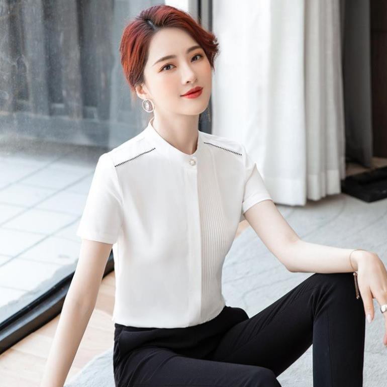 Áo Sơ Mi Nữ VNXK Cao Cấp  Áo nữ công sở - Sơ Mi Cổ Tàu Xếp Ly 1 Bên Ngực A257