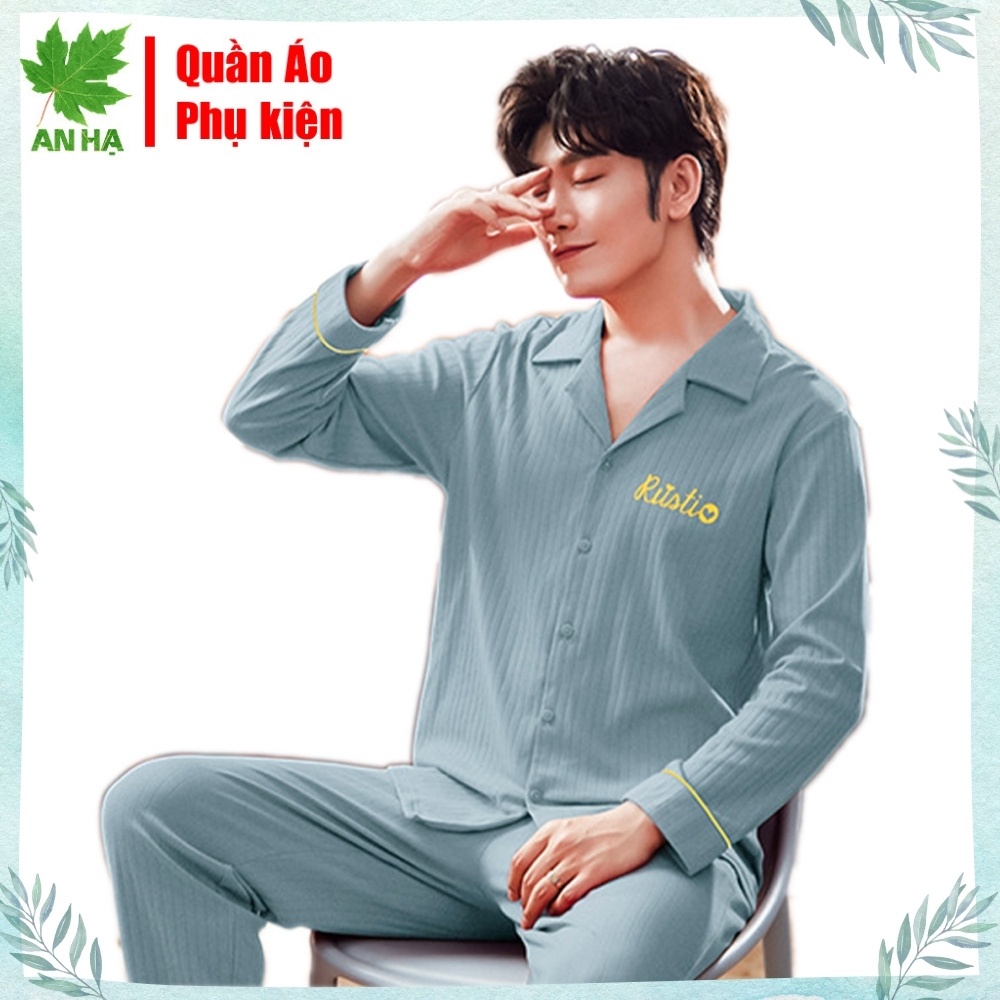 Đồ bộ mặc ở nhà , Bộ đồ ngủ nam màu xanh sọc kiểu quần dài áo dài tay Hàn Quốc