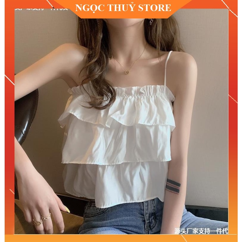 Ao 2 dây bánh bèo màu trắng, 3 tầng xòe bồng chất đũi lụa đẹp, đi biển mặc nhà cực xinh Ngọc Thuỷ Store MSP LACO14