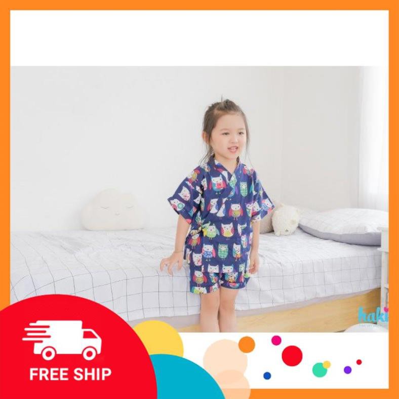 Bộ Yukata vải thô cao cấp HAKI hoạt tiết xanh(cú mèo) _Tìm đại lý