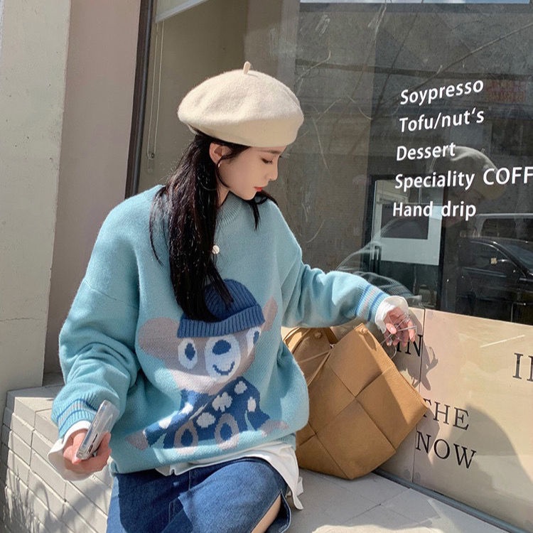 Áo Sweater Dệt Kim Dáng Rộng In Hình Chú Gấu Màu Xanh Dương Kiểu Hàn Quốc Thời Trang Mùa Thu Mới 2021