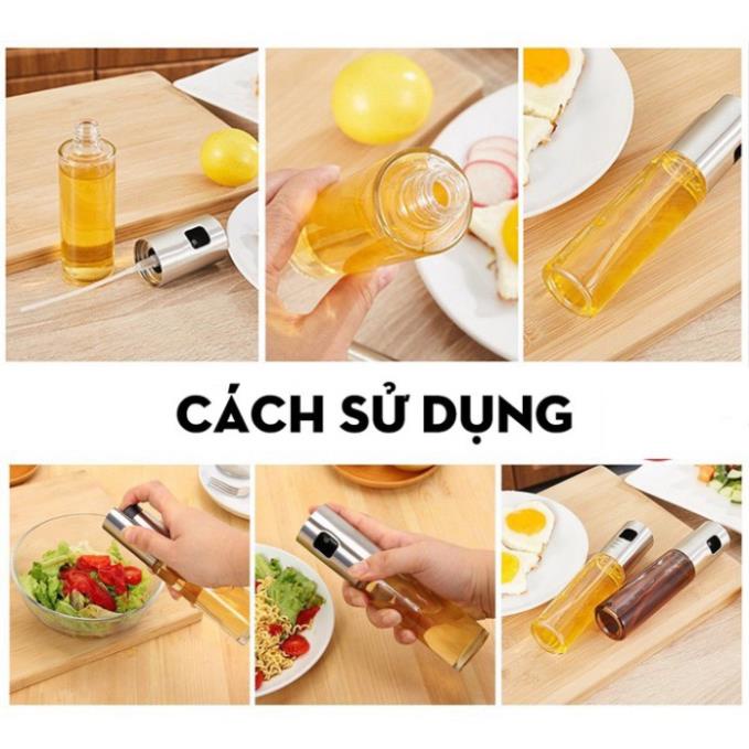 Bình xịt dầu ăn phun sương cho nồi chiên không dầu, nướng, chai xịt dầu ăn 100ml nắp Inox thân thủy tinh