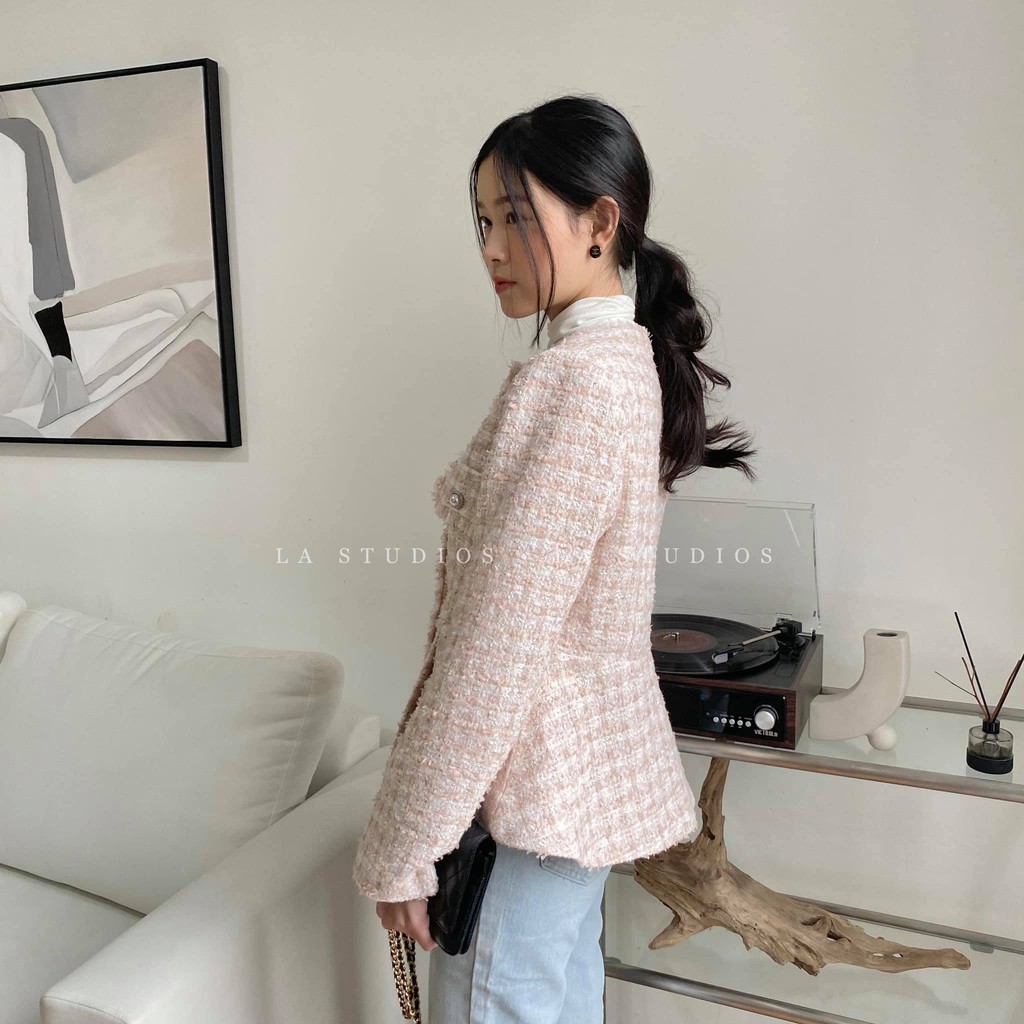 Áo khoác dạ tweed bo eo Hàn Quốc