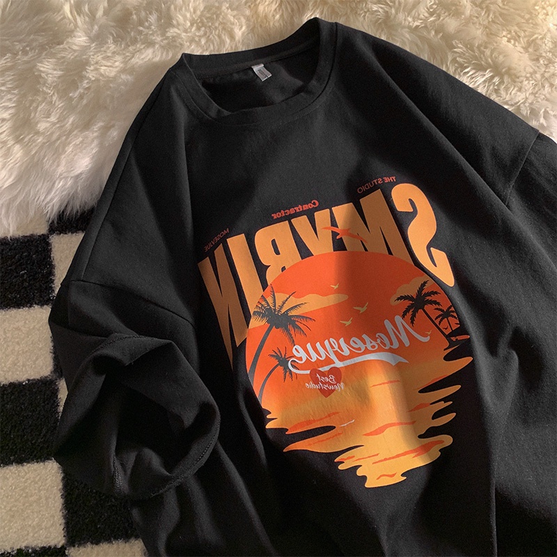 SUXI Áo Thun Tay Ngắn Cổ Tròn Hoạ Tiết In Thiết Kế Dáng Rộng Thoải Mái