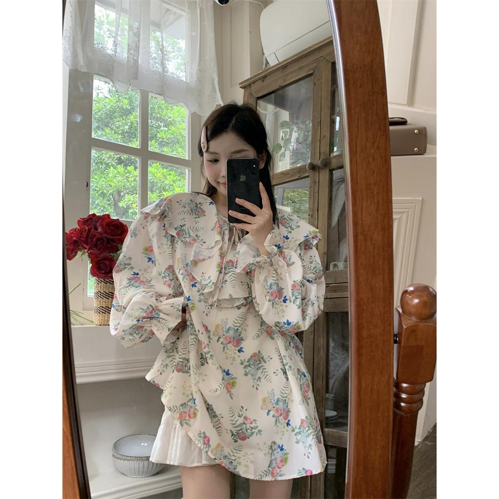 Áo Sơ Mi Tay Dài Cổ Búp Bê Viền Bèo Nhún Dáng Rộng Kiểu Hàn Quốc Thời Trang Cho Tuổi Trung Niên