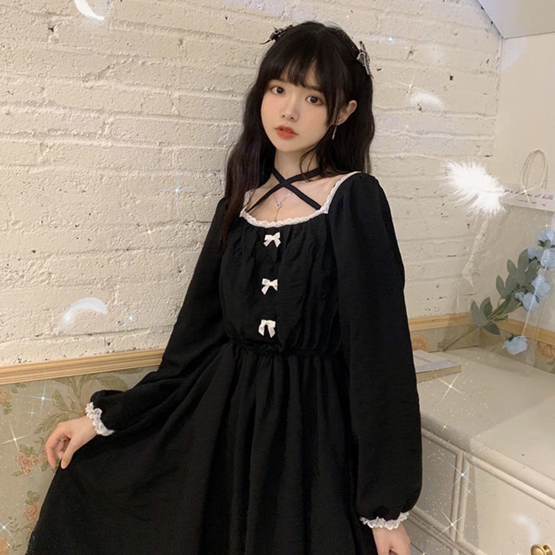 Đầm đen tay dài cổ vuông đính nơ phối ren phong cách Pháp cổ điển thời trang cho nữ