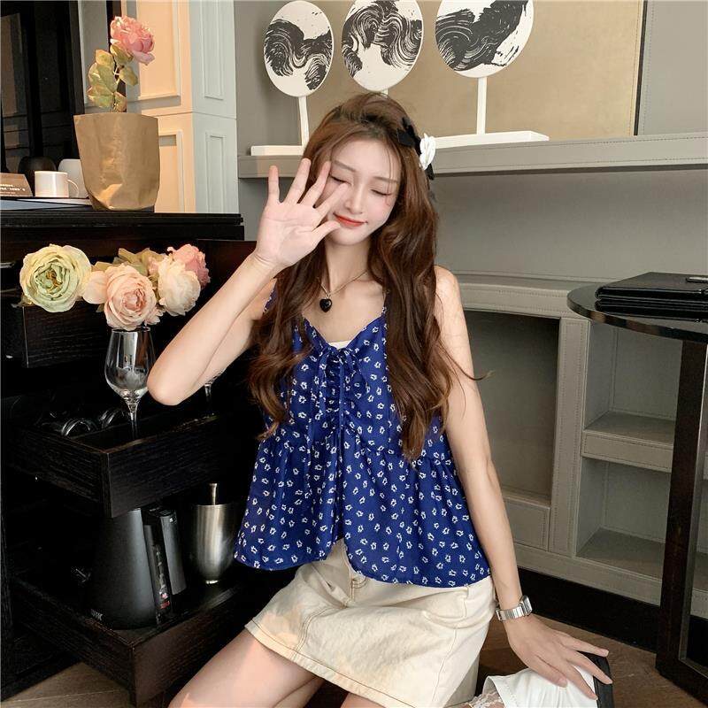 Áo Hai Dây Cổ Chữ V In Hoa Màu Xanh Lá Phong Cách Hàn Quốc Thời Trang Cho Nữ