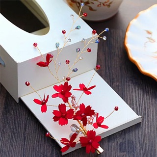 Cài tóc cô dâu hoa đỏ đính hạt