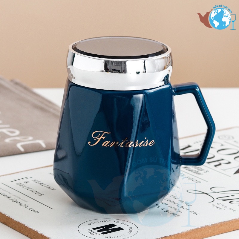 Ly sứ nắp tráng gương thân ly họa tiết kim cương 460ml có tay cầm cao cấp