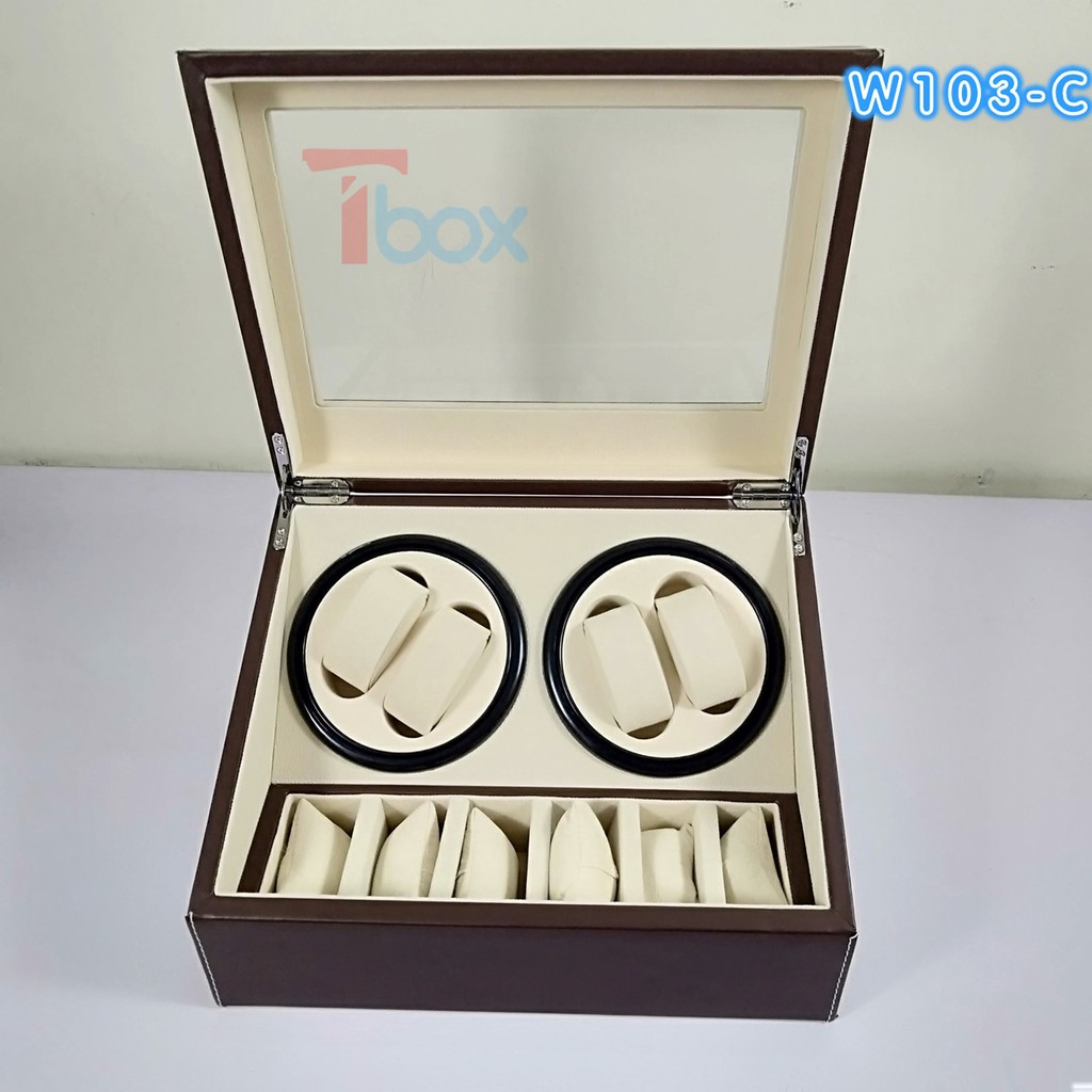 Hộp đựng đồng hồ cơ xoay tự động Tbox Hộp 4 xoay 6 trưng bày cho đồng hồ cơ bọc da nâu sang trọng mặt kính