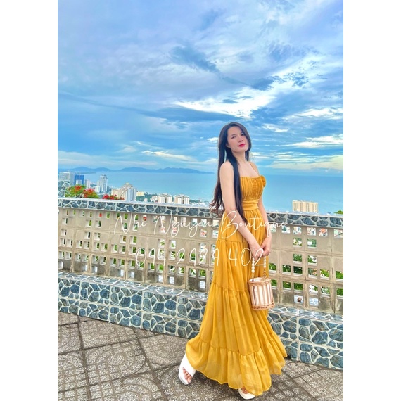Đầm maxi voan đi biển hai dây hồng, vàng xếp li ngực kèm tag hoa có mút ngực