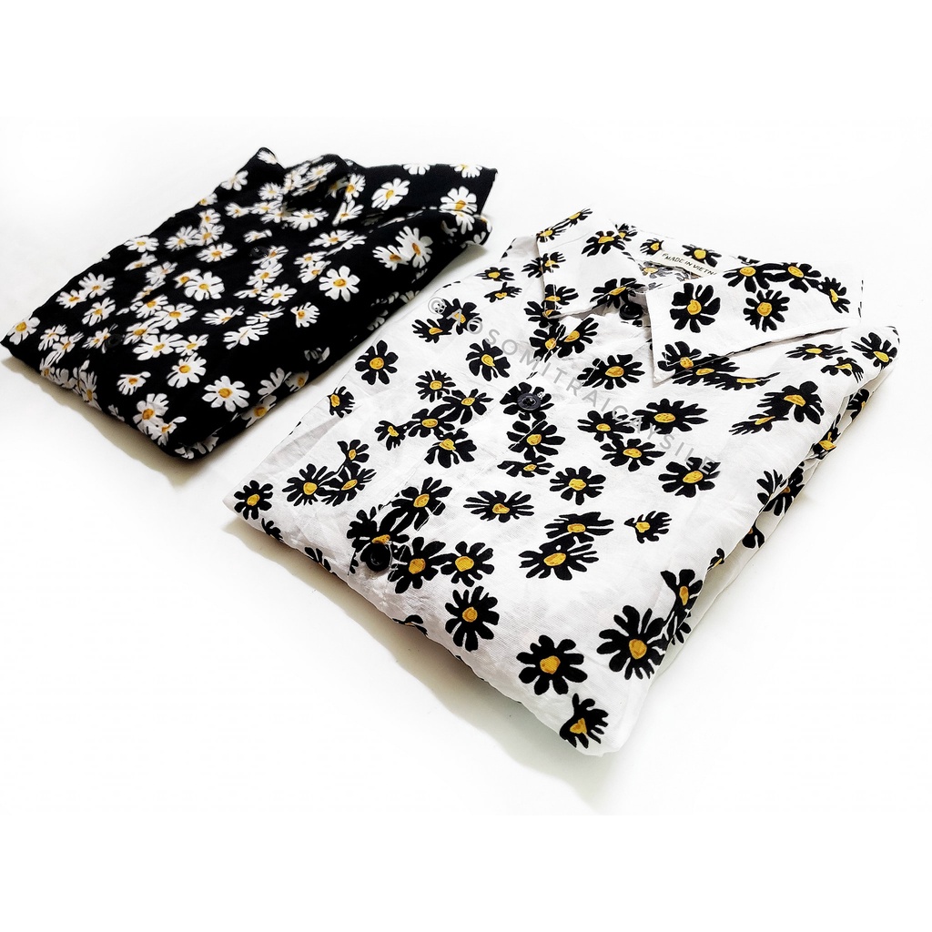 Áo sơ mi Hawaii Nam Nữ Hoa Cúc Nhí trắng/đen fullsize 45-85kg