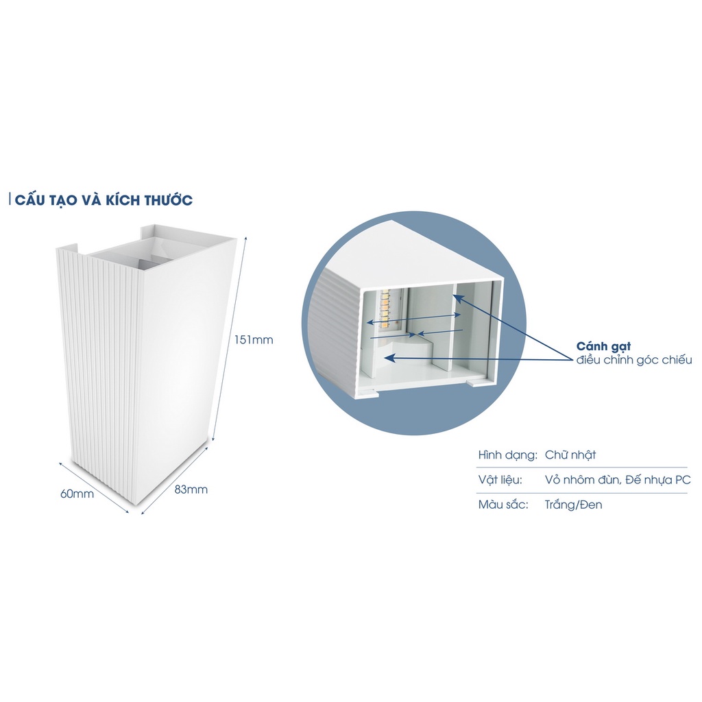 Đèn LED ốp tường hắt sáng 2 đầu đổi 3 màu ánh sáng Rạng Đông 6W Model: LN18 83x60/6W LN18.V2 ĐM 110x75/6W