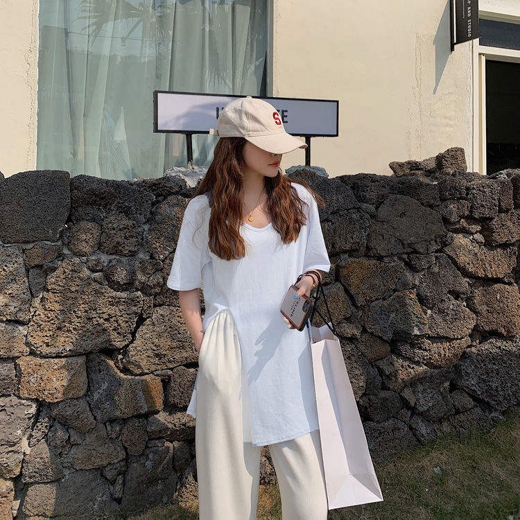 Áo Thun Tay Ngắn Cổ Chữ U Dáng Rộng Xẻ Tà Thời Trang Mùa Hè Hàn Quốc Mới Dành Cho Bạn Nữ
