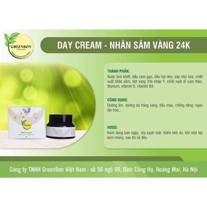 (CHÍNH HÃNG) KEM DƯỠNG DA BAN NGÀY DAY CREAM NHÂN SÂM VÀNG 24K GREENBON
