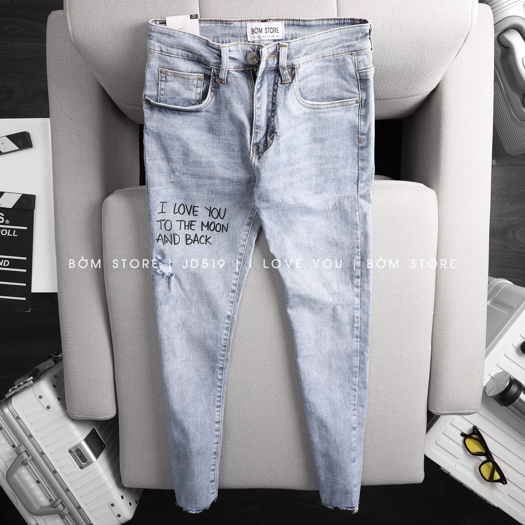Quần Jean Dài Nam Màu Xanh In I Love You BEACON DENIM Form Slim Fit JD519