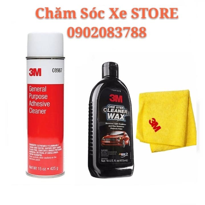 Bộ Chăm Sóc Ngoại Thất Xe 3M: Dung Dịch Tẩy Keo 3M- Chai Đánh Bóng 1 Bước 3M- Xóa Xước- Wax3 Tặng Kèm Khăn 3M.