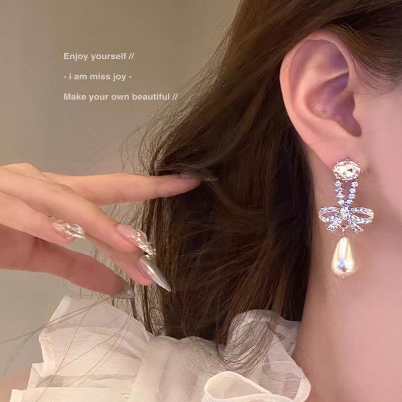 Bông Tai Mạ Bạc 925 Hình Nơ Đính Ngọc Trai Cao Cấp Phong Cách Hàn Quốc