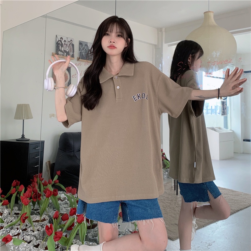 Áo polo SUXI tay ngắn dáng rộng màu trơn thêu chữ thời trang cho nữ