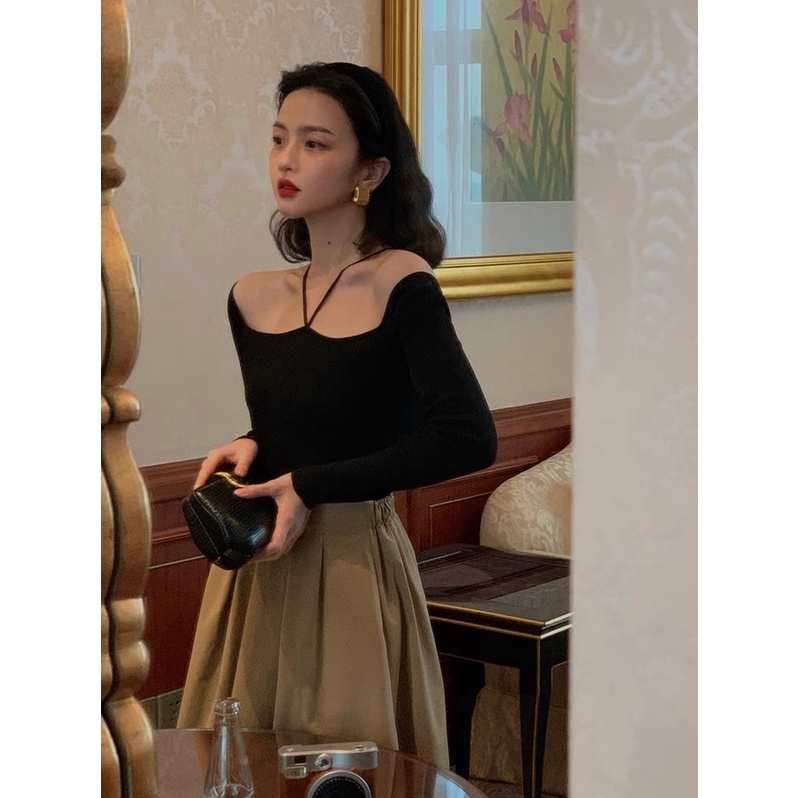 Áo Trễ Vai Dây Chéo Tay Dài Áo Kiểu Nữ Form Dáng Croptop Sexy Chất Thun Gân