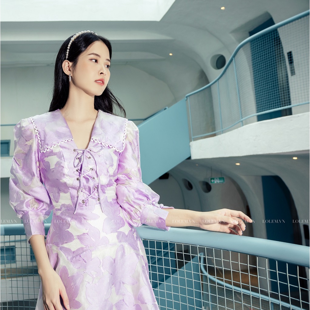 Đầm cổ vuông dáng xòe tơ hoa dài tay họa tiết sang trọng thời trang cao cấp LOLEM CLothing - Dx273