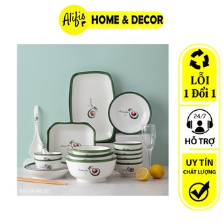 Bộ bát đĩa decor bằng sứ hoạ tiết quả bơ viền xanh Alifis
