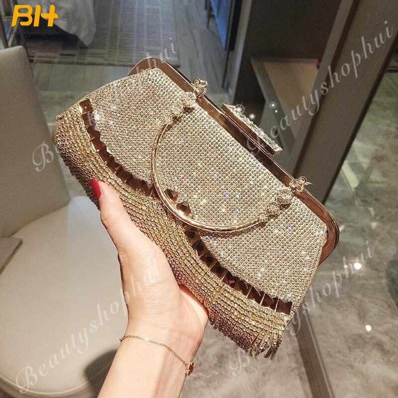Túi Xách Dự Tiệc Đính Đá Phối Tua Rua Sang Trọng Dành Cho Nữ