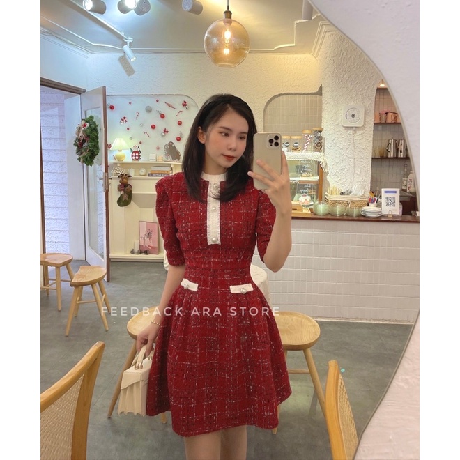 Váy đỏ dạ Tweet thiết kế cao cấp xòe cực tôn dáng Ara V7 | BigBuy360 - bigbuy360.vn