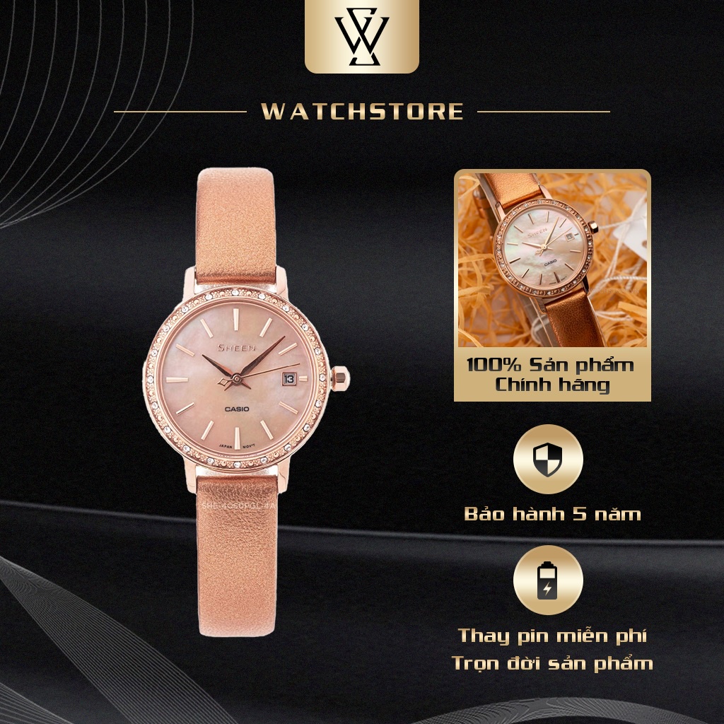 Đồng Hồ Quartz Nữ Casio Sheen WATCHSTORE SHE-4060PGL-4AUDF Thiết Kế Mặt Kính Khoáng 28mm, Dây Đeo Da, Vỏ Thép Không Gỉ