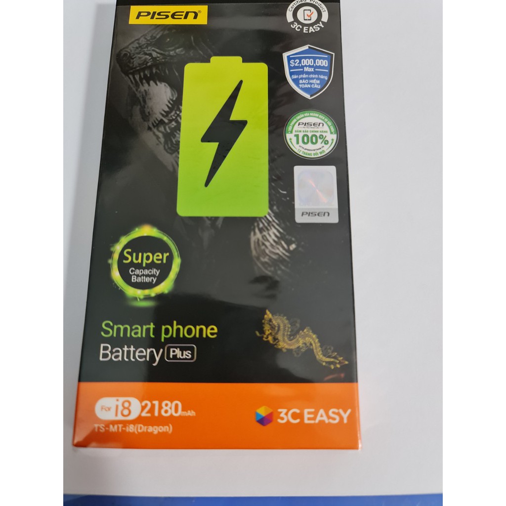 [ SIÊU HÓT ] Siêu Pin Pisen Dragon dành cho TS-MT - 8 (iPhone 8, 3.8V -Super , 2180mAH)  - Chính Hãng + Tặng cáp Iphone