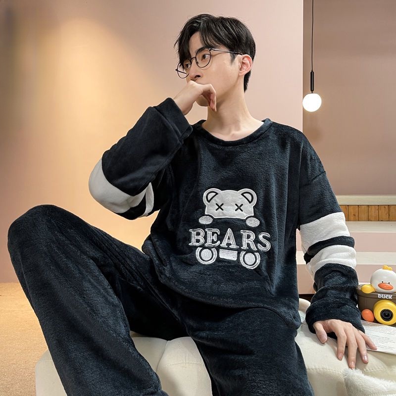 Bộ Đồ Ngủ Tay Dài Vải Flannel Phối Nhung Dày Ấm Áp Thời Trang Cho Nam