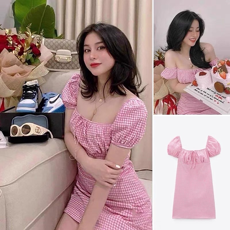 Váy kẻ caro hồng tay bồng xuất dư xịn