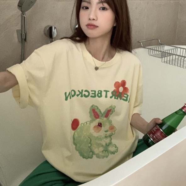 Áo thun SUXI tay ngắn dáng rộng in họa tiết chữ hoạt hình phong cách Hàn Quốc thời trang mùa hè cho nữ