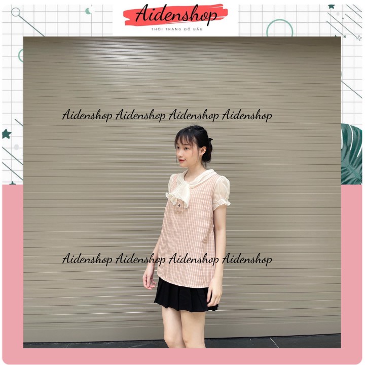 Áo bầu công sở thiết kế cổ nơ tay cộc kẻ sọc chất lụa mát đẹp mùa hè freesize