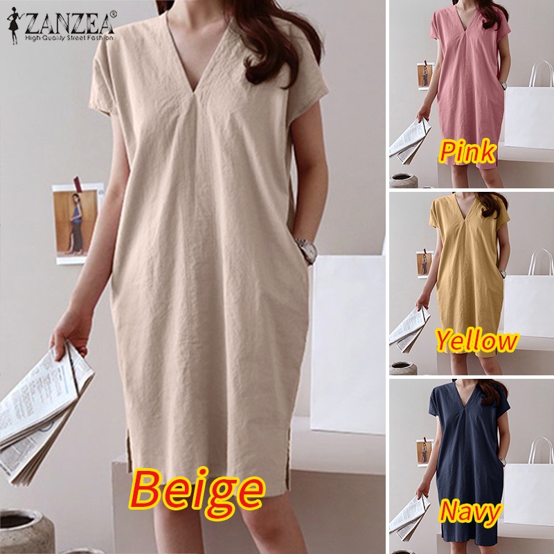 ZANZEA Đầm Ngắn Tay Cổ Chữ V Khóa Kéo Thời Trang Nữ